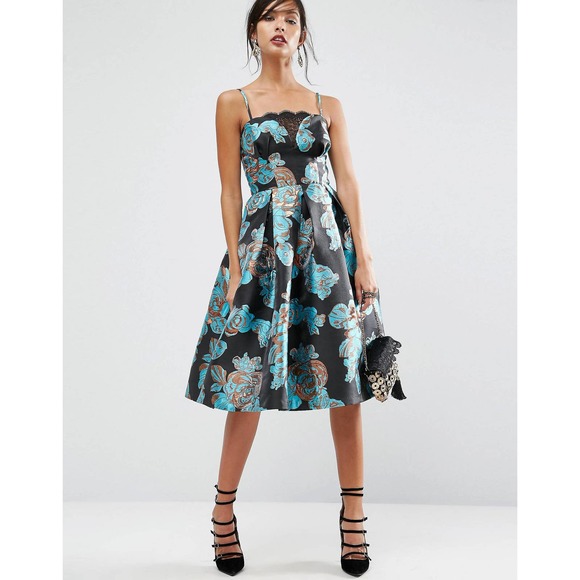 ASOS Salon Womens Metallic Flower Jacquard Midi Dress Blue Black Size 12 Prom - Picture 13 of 16